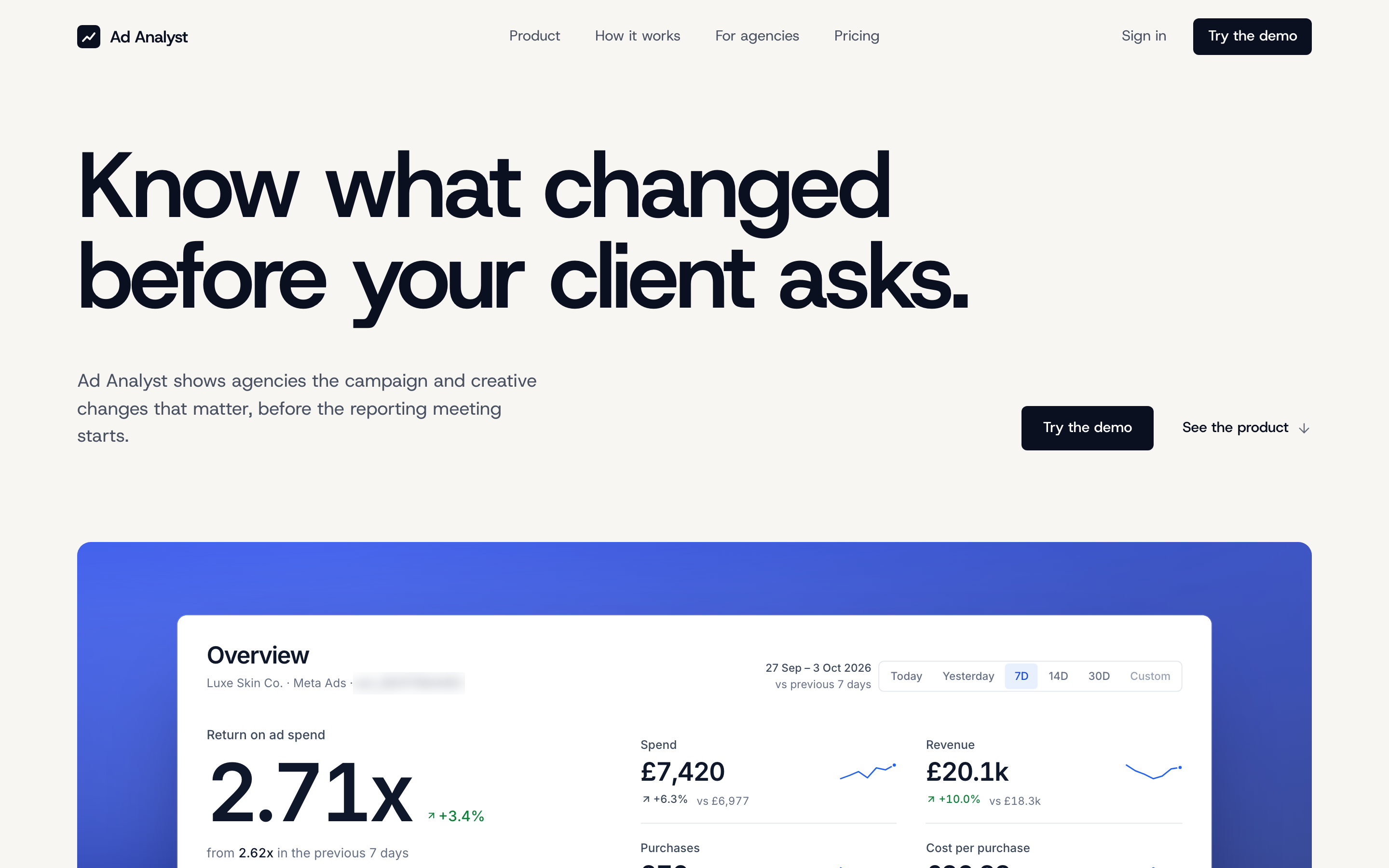 Ad Analyst landing page: 'Know what changed before your client asks.', with Try the demo, above a product preview.