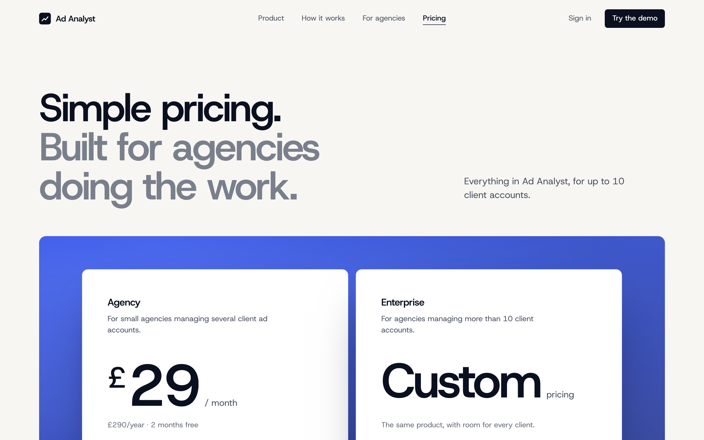 Ad Analyst pricing: the Agency plan at £29 a month, or £290 a year, and Enterprise at custom pricing for more than ten client accounts.