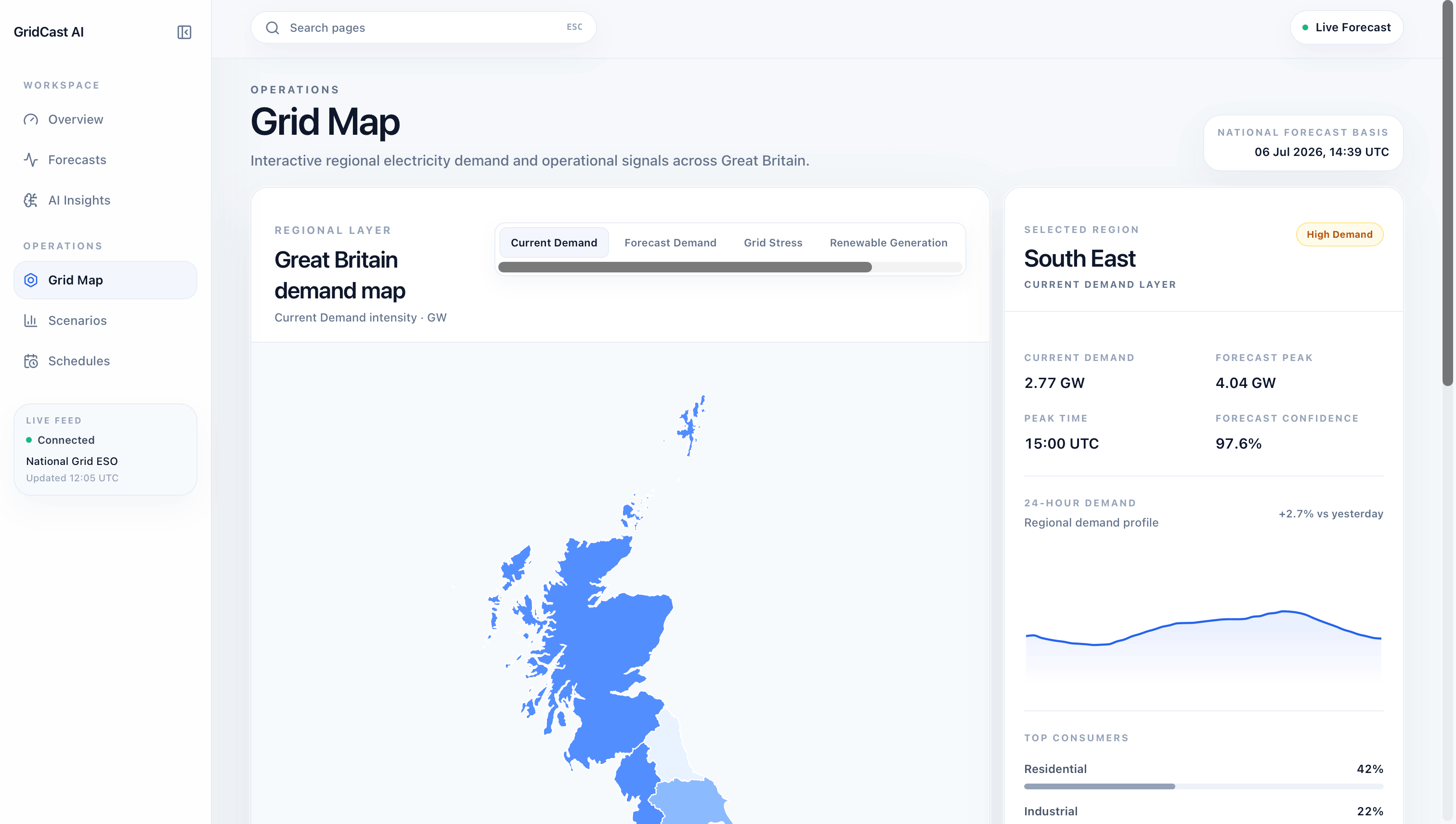 GridCast AI — regional demand map across Great Britain