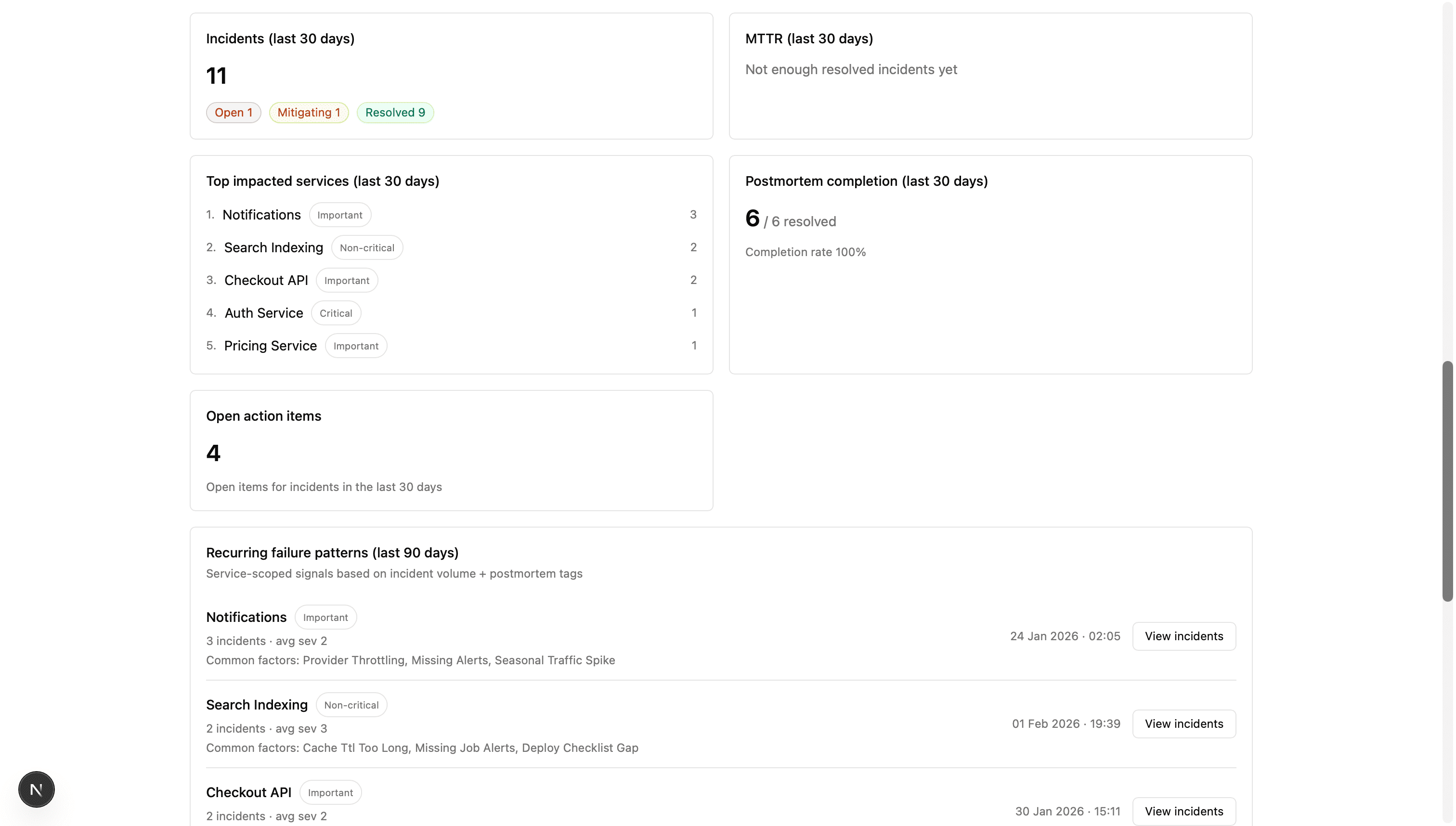 Reliability insights dashboard
