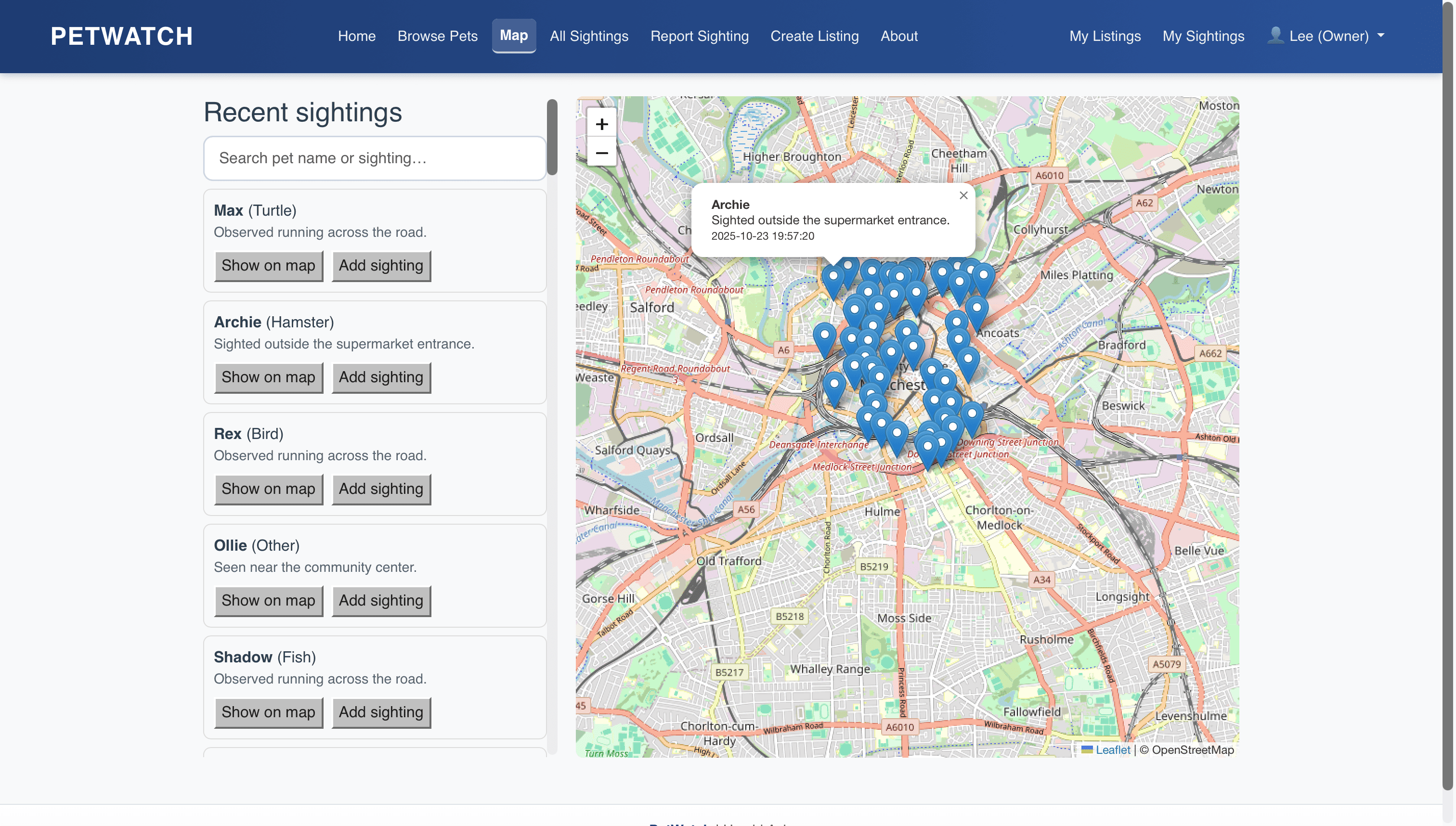 Map view of sightings with pins and list results