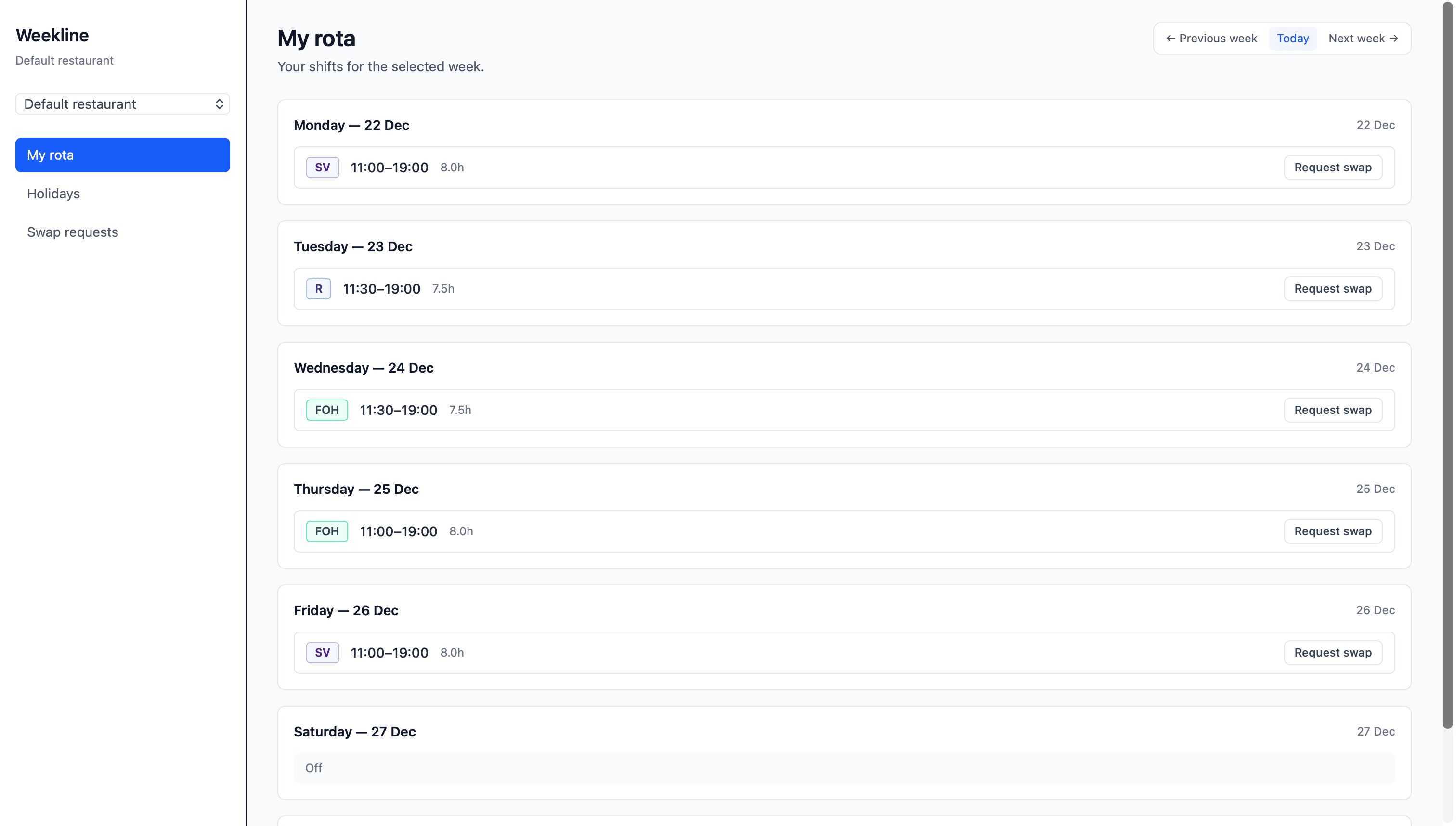 Staff view of shifts for the week