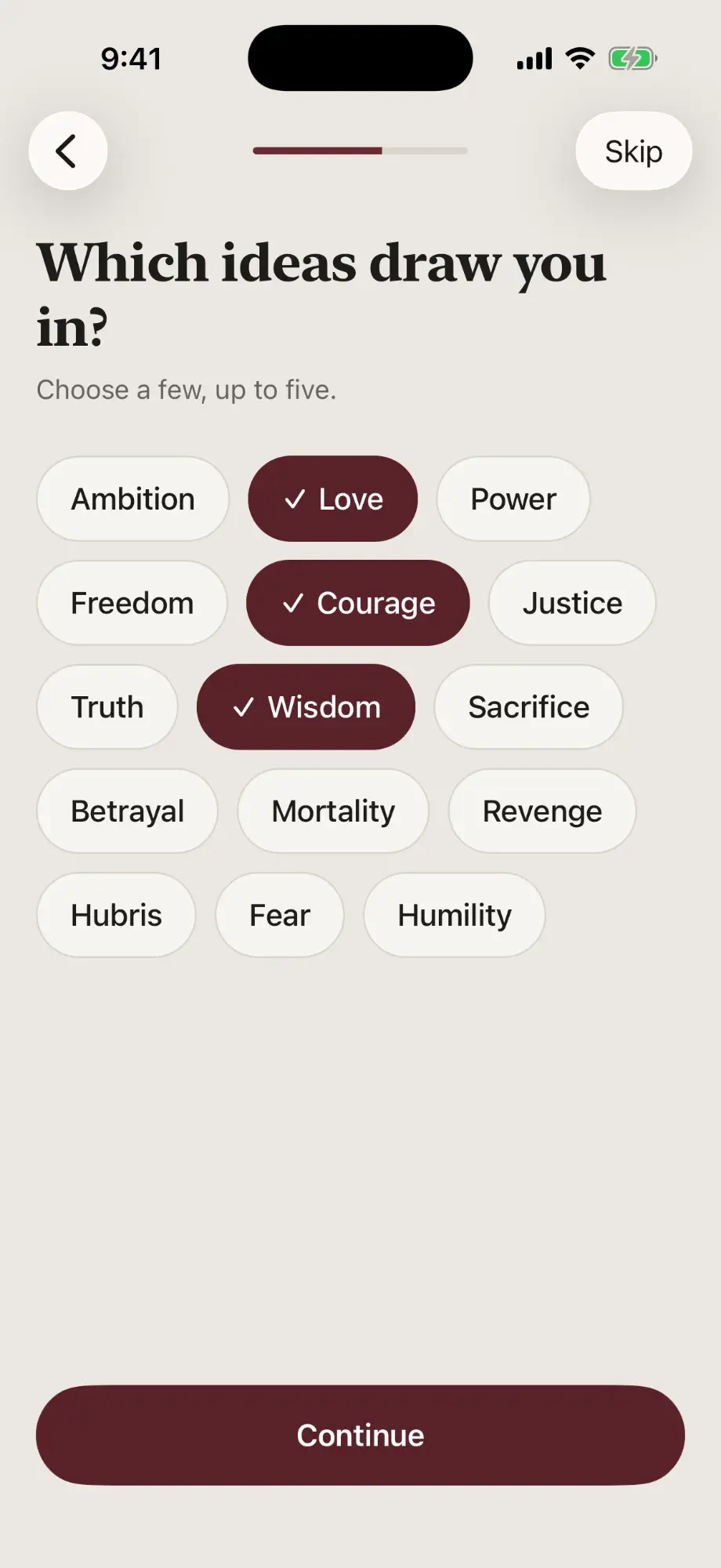 Onboarding step 'Which ideas draw you in? Choose a few, up to five.' with Love, Courage and Wisdom selected among fifteen ideas.