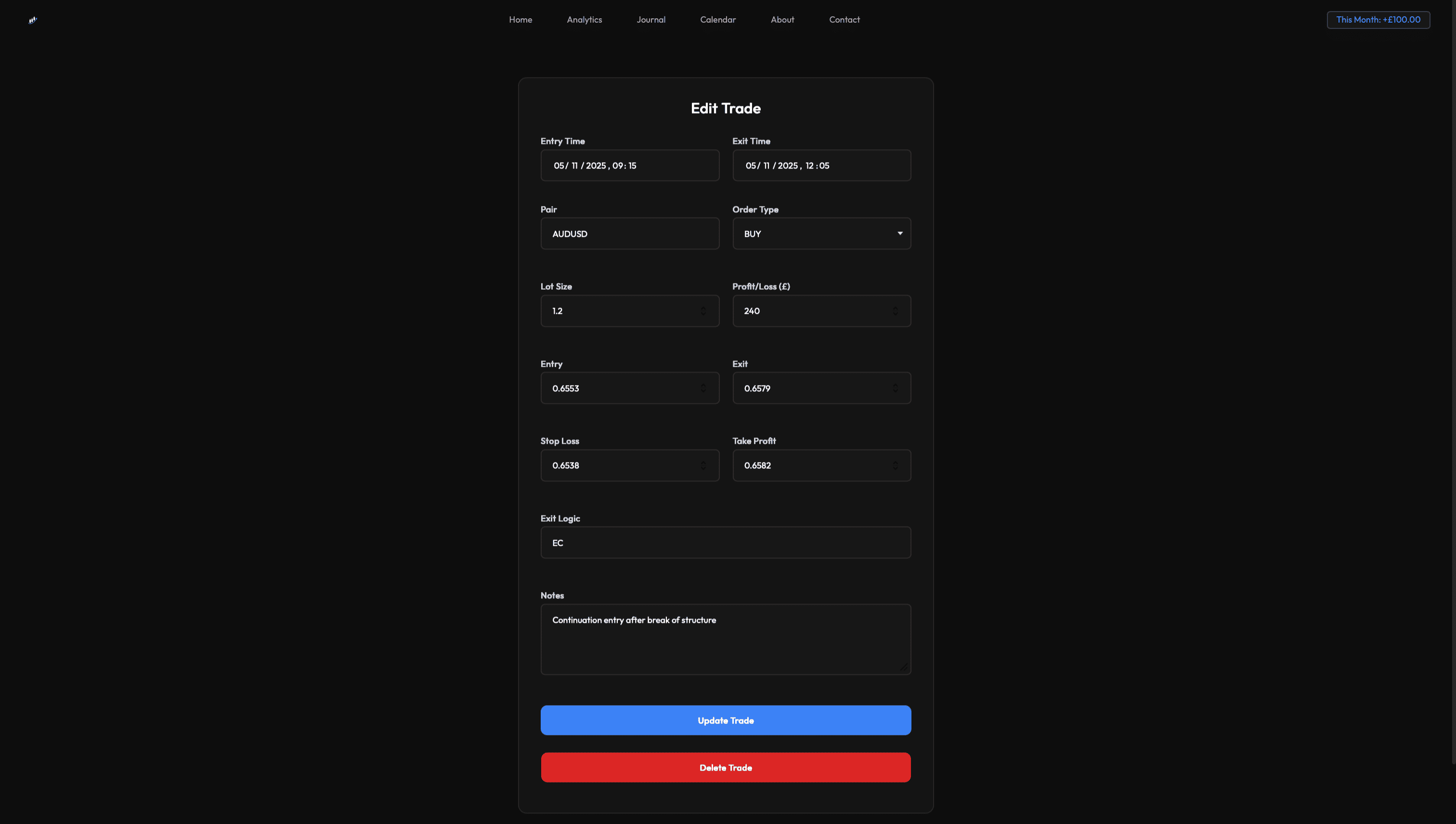 Form to edit a trade