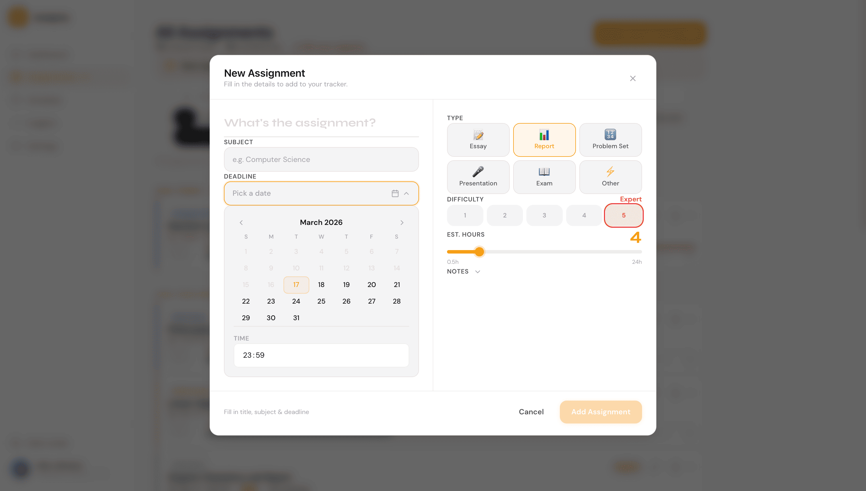 Add assignment modal with module, deadline, and estimated hours fields