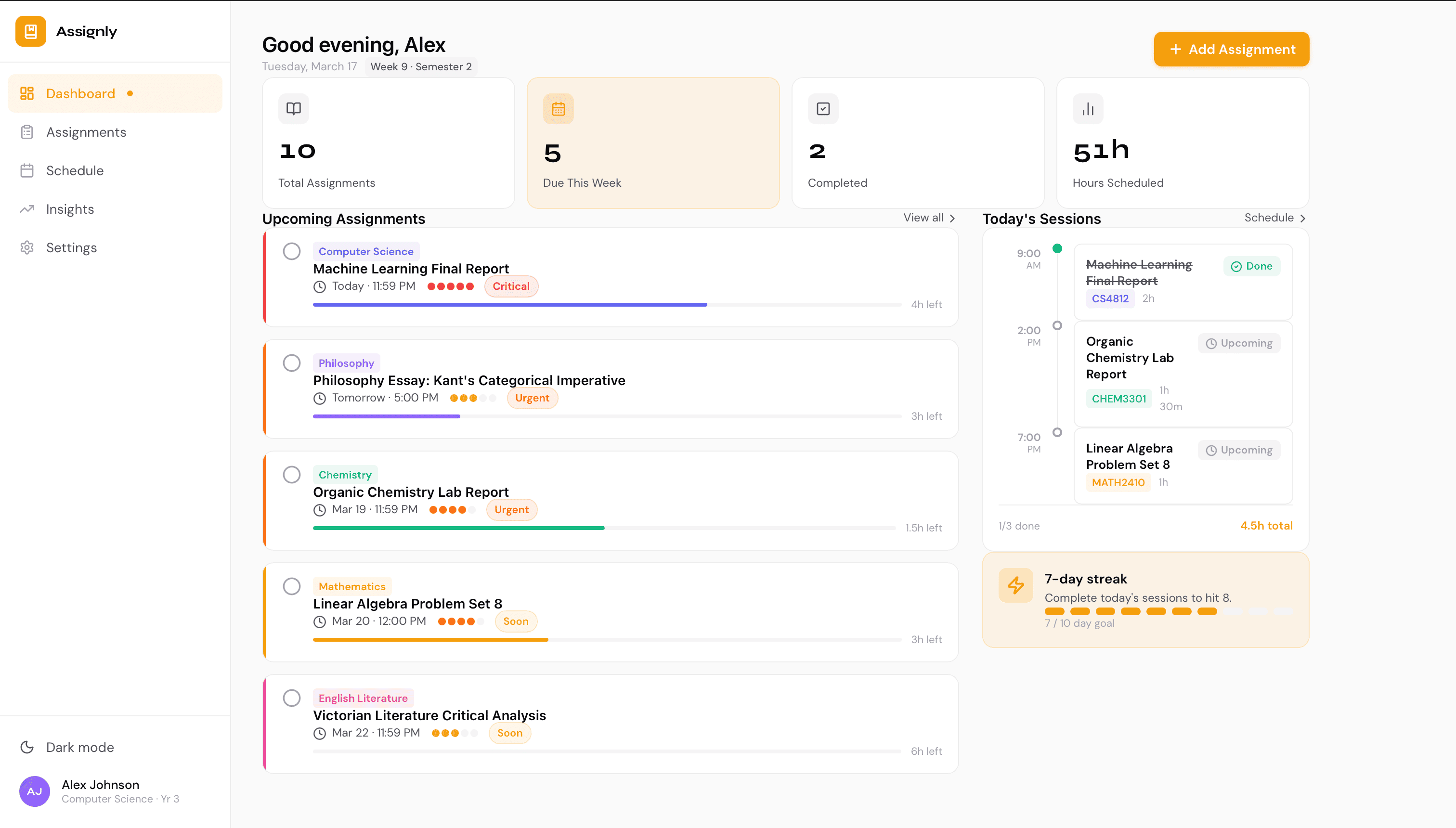Dashboard showing upcoming assignments sorted by urgency