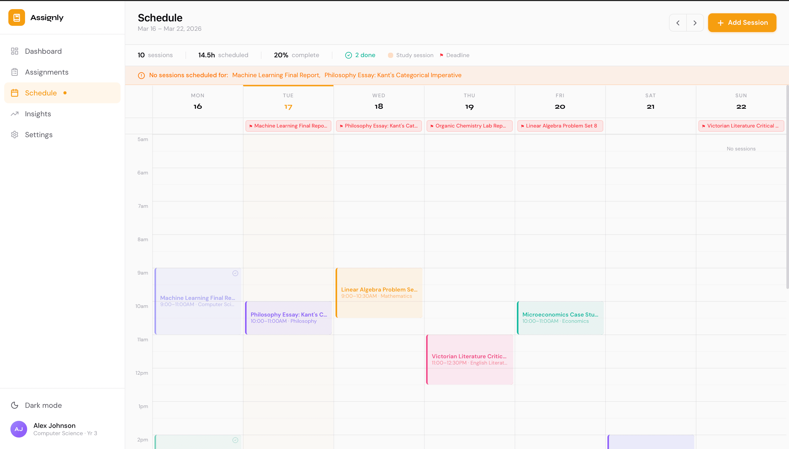 Weekly calendar view separating study sessions from deadline markers
