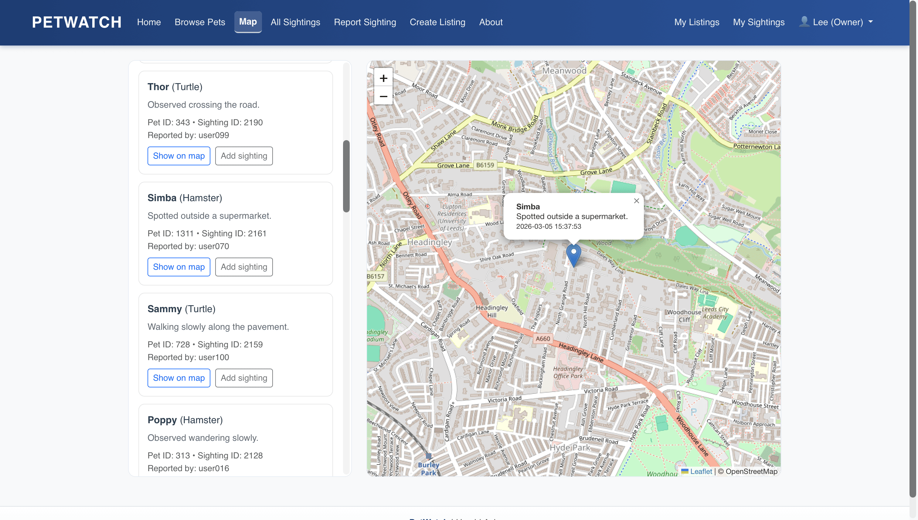 PetWatch — map view with report pins