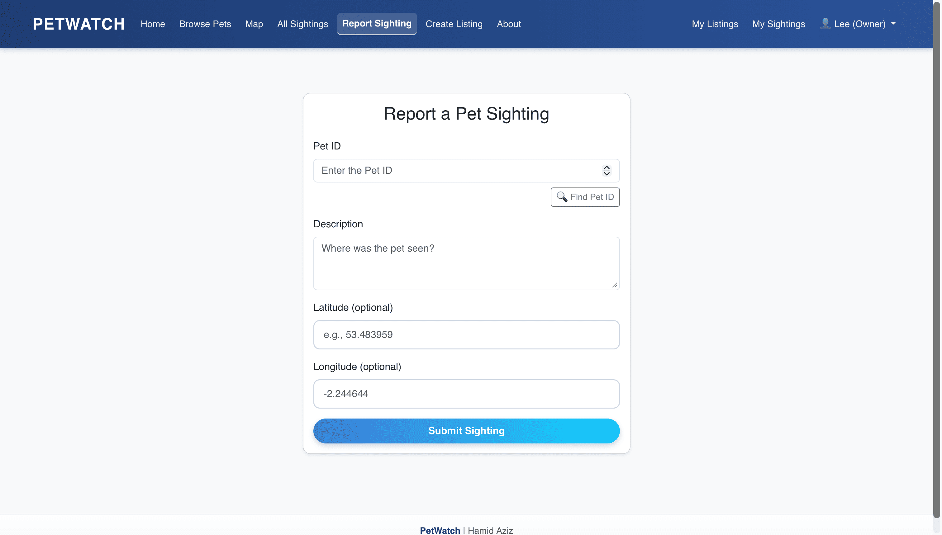 PetWatch — report a sighting form